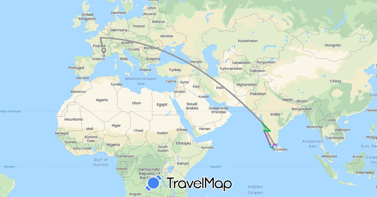 TravelMap itinerary: driving, bus, plane, train, boat, motorbike in France, India (Asia, Europe)